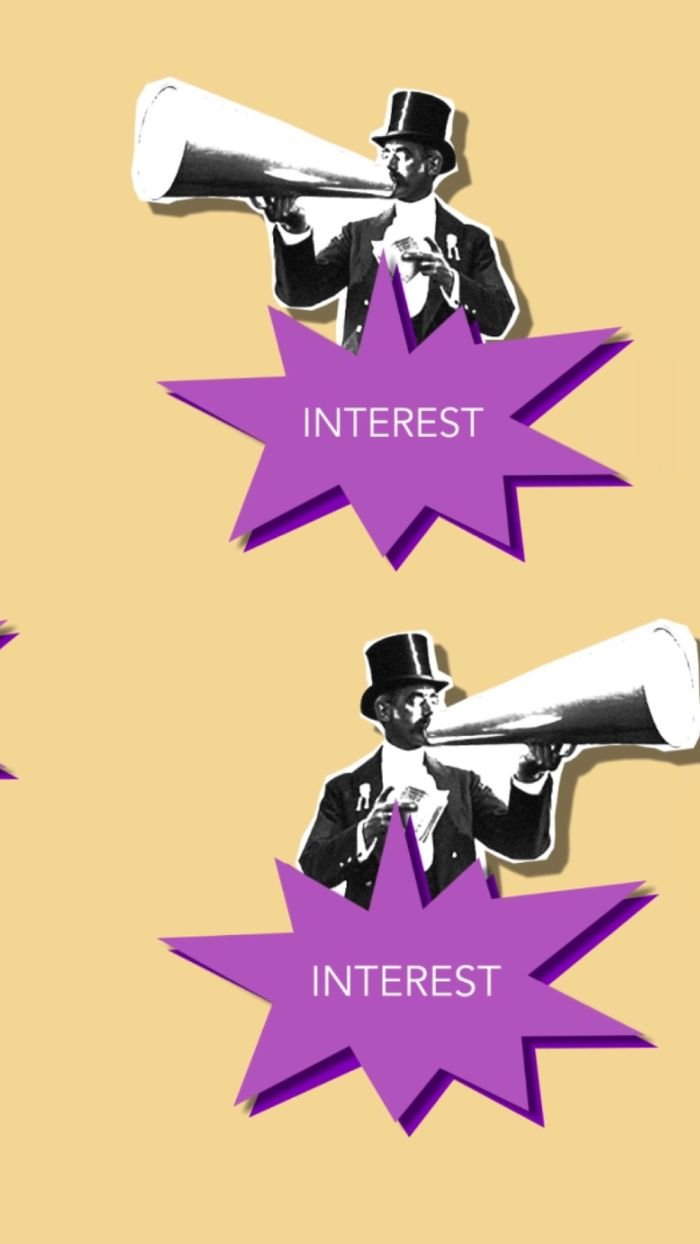 Cutout paper composition of man arousing interest speaking loudly into loudspeaker against white background
